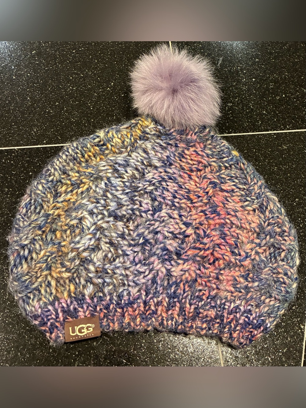 UGG Australia Beanie Hat Multicolor Blue lavender Pom Pom One Size